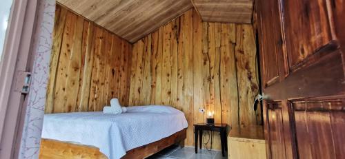 蒙泰韦尔德哥斯达黎加Mora's Place B&B的卧室配有木墙内的一张床