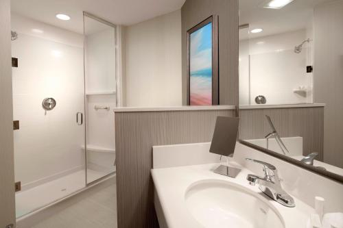 朱庇特朱庇特棕榈滩万怡酒店的一间带水槽、镜子和淋浴的浴室