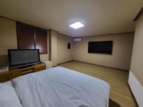 利川市Mokhwa Motel的一间卧室配有一张床和一台平面电视