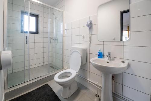 特尔古-塞奎斯Tiny Village的白色的浴室设有卫生间和水槽。