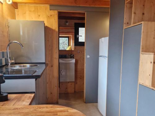 楼尔Tiny House Loule Algarve的厨房配有水槽和冰箱