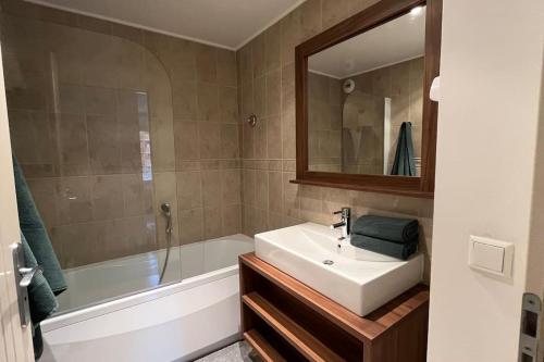 伊索拉2000Refuge des Vues Alpines Isola 2000的一间带水槽、浴缸和镜子的浴室