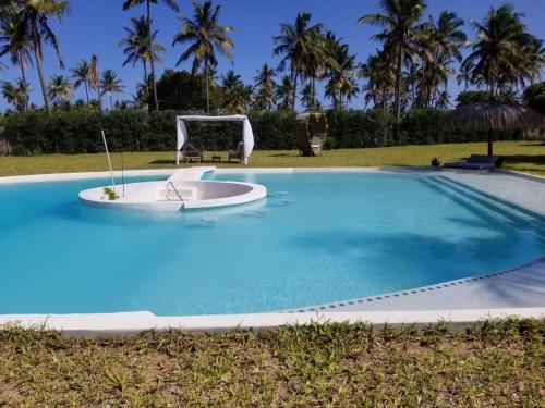 托弗海滩Casa Bali Tofo的一座大型蓝色游泳池,里面装有小船
