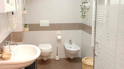 拉戈堡Appartamento incantevole con Piscina的浴室配有卫生间、坐浴盆和盥洗盆。