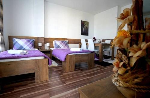 克拉多沃Serbona apartment的客房设有两张带紫色靠垫的床和一张桌子。