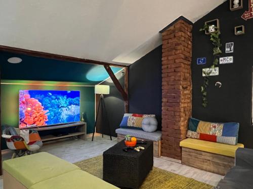 斯科普里Blue Orange Hostel的客厅配有大屏幕电视和沙发。