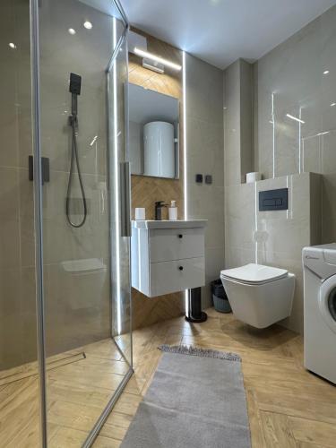 考斯赛力克Apartament Skandynawska Prostota z basenem i sauną的带淋浴、盥洗盆和卫生间的浴室