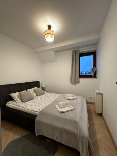 考斯赛力克Apartament Skandynawska Prostota z basenem i sauną的一间卧室设有一张床和一个窗口