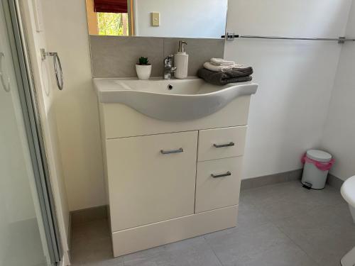奥克兰New Lynn Self- Contained Unit near Golf Course的浴室配有白色水槽和淋浴。