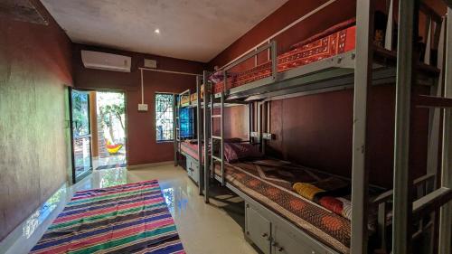 戈卡尔纳HostelExp, Gokarna - A Slow-Paced Backpackers Community的客房设有2张双层床和地毯。