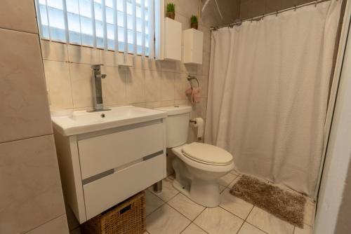 马纳蒂El Flamingo Beach Club的浴室配有卫生间、盥洗盆和淋浴。