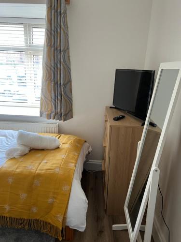 伦敦Comfortable Single Room Wembley Park/Stadium的一间卧室配有一张床、一台电视和一面镜子