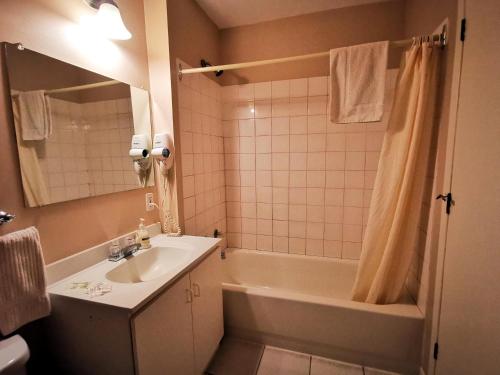 圣索弗尔-德斯蒙特Hotel Alila的一间带水槽、浴缸和镜子的浴室