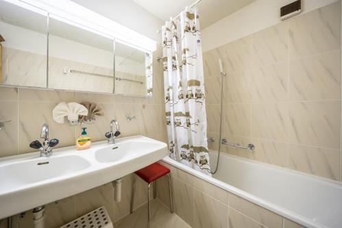 LavinChasa Plazza Gronda的一间带水槽、浴缸和镜子的浴室