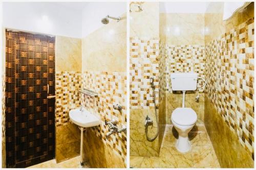 普里Hotel Sand Castle ! Puri的浴室的两张照片,配有卫生间和水槽