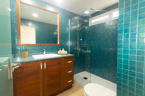 卡门港Luxury Villa Rincon del Mar- Old Town - Puerto del Carmen的浴室配有盥洗盆和带镜子的淋浴