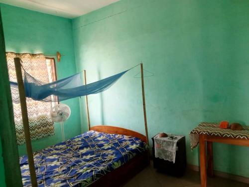 OuidahAppat'Adjanohoun的一间卧室设有一张床和蓝色的墙壁