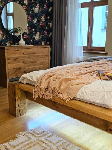 里加Silversmith's Residence in Old Riga的一间卧室配有一张带梳妆台和镜子的床