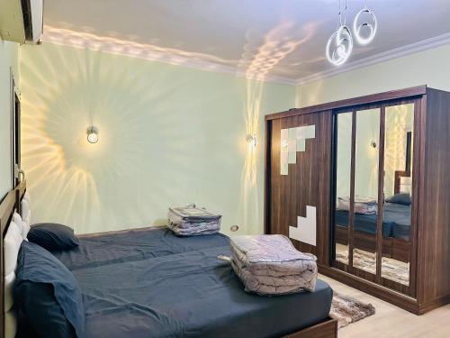 开罗Modern Comfy Flat的一间卧室配有一张大床和镜子