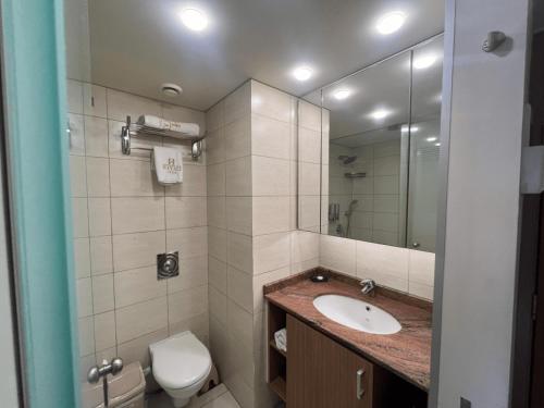 朱尼耶Karl s Single Room with Gym and Bar的一间带水槽、卫生间和镜子的浴室