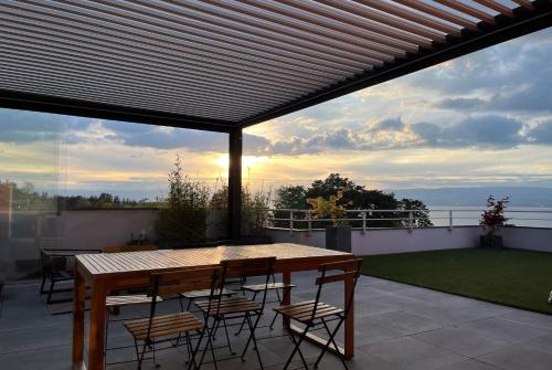 埃维昂莱班IMMODREAMS - L'Attik with lake views and 80m2 terrace的屋顶上带木桌和椅子的庭院