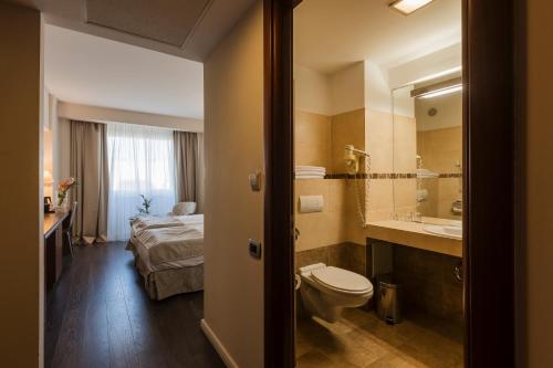 蒂米什瓦拉蒂米什瓦拉酒店的一间带卫生间、水槽和床的浴室