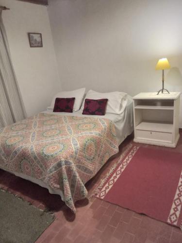 开门La Colorada, home for... La Amistad Polo的一间卧室配有一张床和一张带台灯的桌子