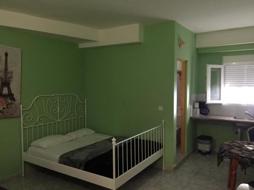 洛斯克里斯蒂亚诺斯特内里费旅舍的绿色卧室设有床和水槽