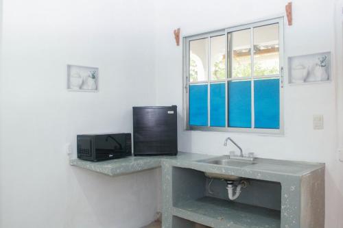 科马亚瓜Céntrico y Confortable的厨房配有水槽和微波炉