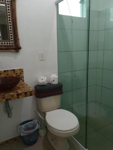 佩尼亚Pousada Frida的一间带卫生间和玻璃淋浴间的浴室