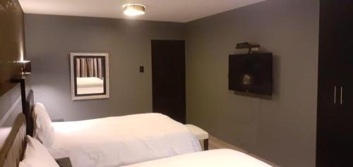 特鲁希略hotel taymi的一间医院间,配有两张床和电视