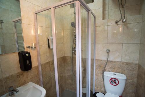 克鲁舍沃Villa La Munte的带淋浴、卫生间和盥洗盆的浴室