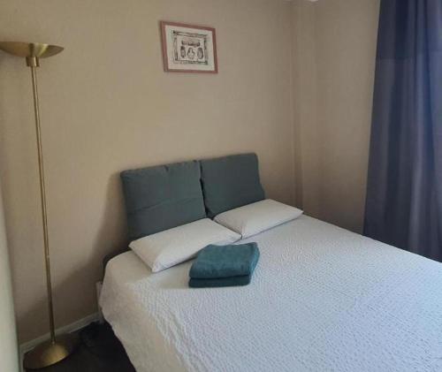 马里博尔Hostel UNDERGROUND的小卧室配有一张带蓝色枕头的床