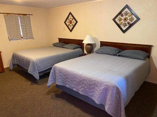 WilburThe Willows Motel的配有两张床垫的酒店客房内的两张床