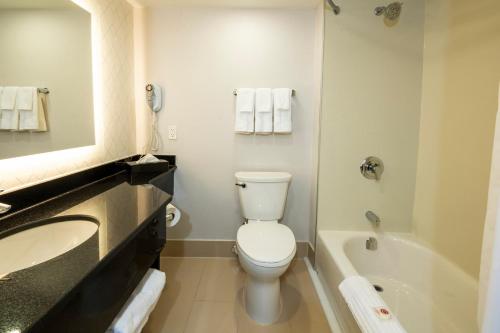多伦多多伦多机场皮尔逊会议酒店的浴室配有卫生间、盥洗盆和浴缸。