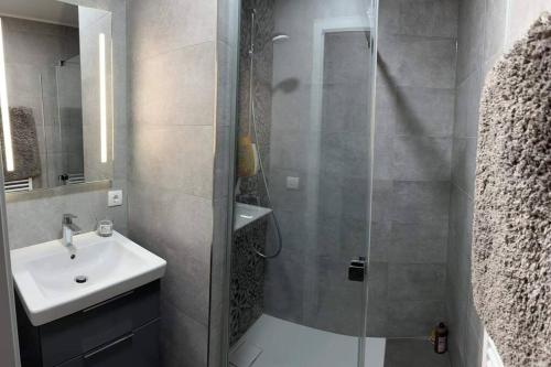 Le rez de chaussée de chez Jade的带淋浴、盥洗盆和卫生间的浴室