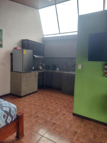 阿拉胡埃拉Anchia的一间大房间,设有厨房,一间房间设有一张床
