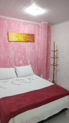 瓜皮米林Casa tia Rosa hospedagem familiar的一间卧室配有一张粉红色墙壁的床