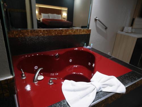 里亚托里阿尔托美国最有价值旅馆的带镜子的浴室内的红色水槽