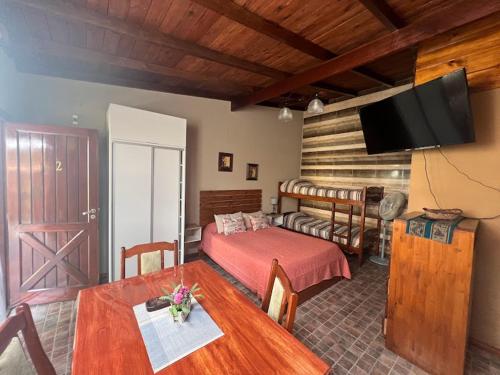 马德普拉塔CABAÑAS MECHI的一间卧室配有一张床、一张桌子和一台电视