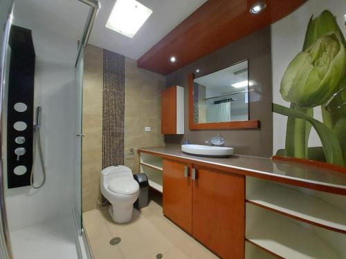 伊洛Apart Hotel Atenea的浴室配有卫生间、盥洗盆和淋浴。