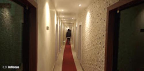 锡尔杰尔Hotel Holiday inn , Kanakpur的走下一条长长的走廊,铺有红地毯的人
