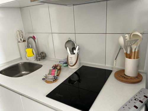 雪邦horizon suite 25-11的厨房柜台配有水槽和餐具