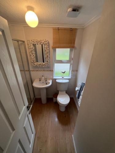 韦伯恩Waterside Lodge, Weybourne, Holt的一间带卫生间、水槽和窗户的浴室