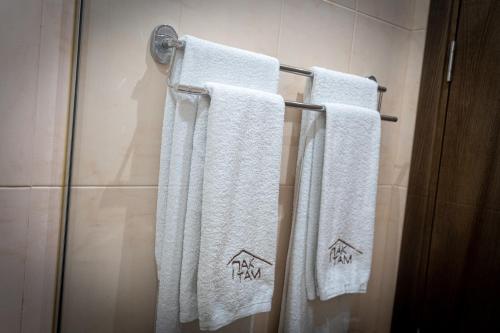卡尔洛沃Family Hotel Pak Tam的浴室毛巾架上挂着三条毛巾