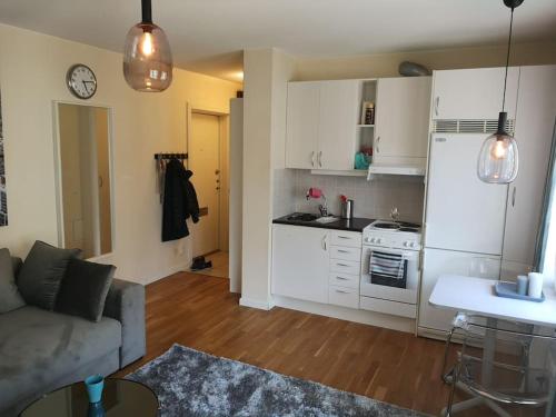 诺尔雪平Norrköping City的厨房以及带白色冰箱的客厅。