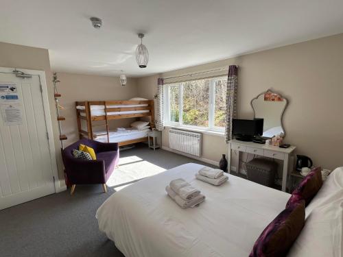 格伦科Strathassynt Guest House的卧室配有床、椅子和窗户。
