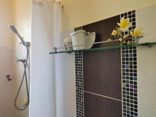 苏梅岛Links Sunset Beach House的浴室设有玻璃瓷砖墙和淋浴。