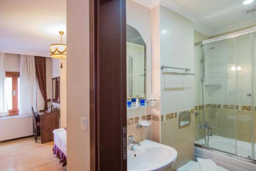 伊斯坦布尔Ramos Boutique Hotel Sultanahmet的一间带水槽和玻璃淋浴的浴室