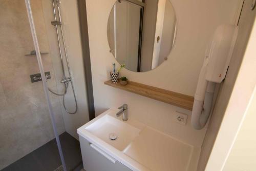 德文格洛RCN Vakantiepark de Noordster的浴室配有盥洗盆和带镜子的淋浴